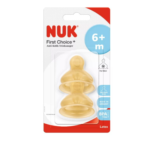 Биберони за хранене Nuk First choice, каучуков, M, 6 м+, 2 бр.