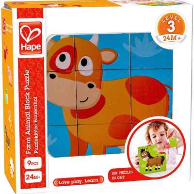 Дървен пъзел с кубчета Hape, Ферма, 9 части