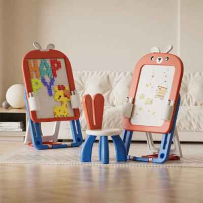 Детска дъска 2 в 1 с конструктор 60 части и стол Feelkids, Червено зайче