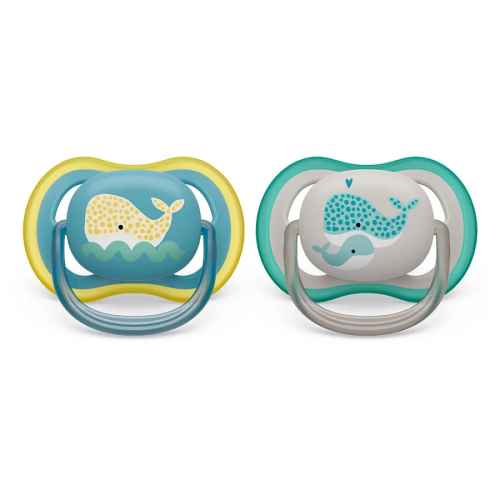 Комплект от 2 бр. ортодонтични залъгалки Philips AVENT Ultra Air 18м+, неутрални цветове с декор Кит, в кутия за стерилизиране