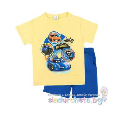 Комплект от 2 части Светли - тениска и къс панталон, Бат-коли в жълто/син