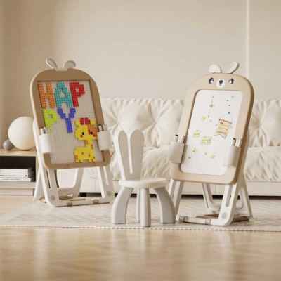 Детска дъска 2 в 1 с конструктор 60 части и стол Feelkids, Кафяво зайче