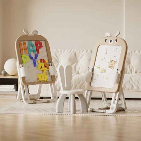 Детска дъска 2 в 1 с конструктор 60 части и стол Feelkids, Кафяво зайче-6sLih.jpeg