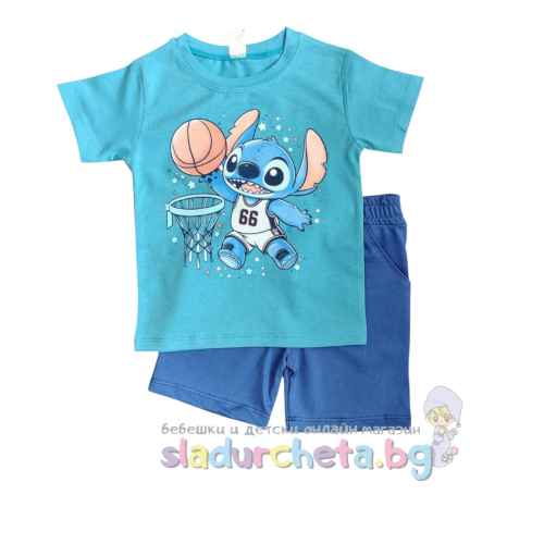 Комплект от 2 части Светли - тениска и къс панталон, Стич синьо/индиго