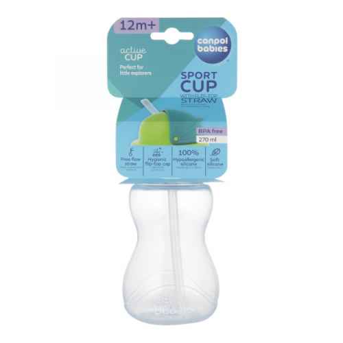 Преходно шише със сламка и капаче Canpol 12м+ 270 мл, синьо