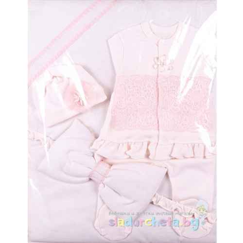 Комплект за изписване Светли, Дантела с цвете в екрю/св.пудра