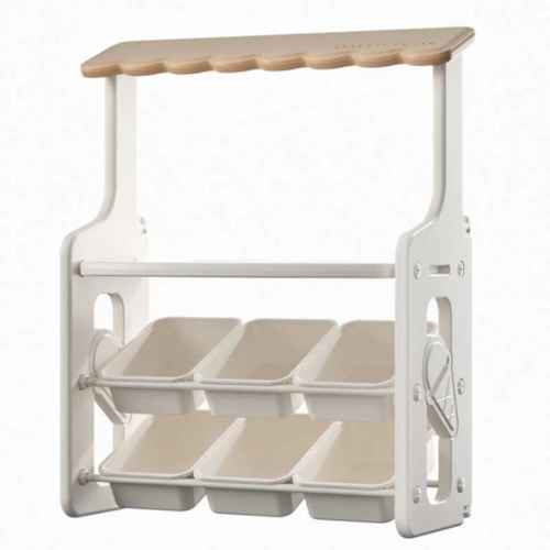 Многофункционален детски щанд Feelkids, с плот и подвижни кутии за съхранение, кафяв