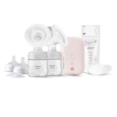 Стартов комплект Philips Avent, двойна ел. помпа 2 бр. шишета 125 мл с биберон Natural Response 0м+, 5 бр. торбички за кърма и 4 бр. подплънки