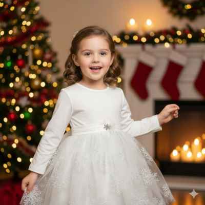 Детска рокля Светли, Снежинка с тюл в екрю