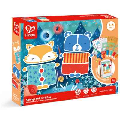 Творчески комплект Hape, Забавно рисуване с гъба и шаблони, 16 части