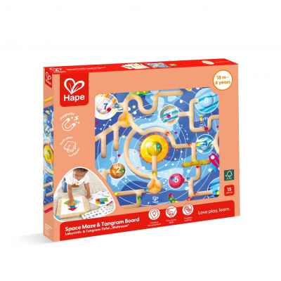 Дървен комплект за игра 2 в 1 Hape, Космически лабиринт и дъска танграм, 15 части