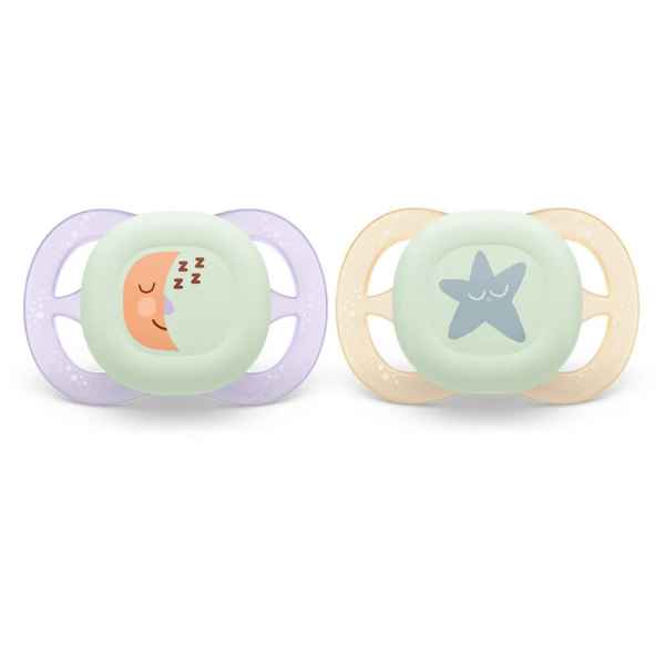 2 бр. светещи ортодонтични залъгалки за новородени Philips AVENT Ultra Start Night 0-2м, в оранжево и лилаво с декор луна и звезди, в кутия за стерилизиране-Lszva.jpeg