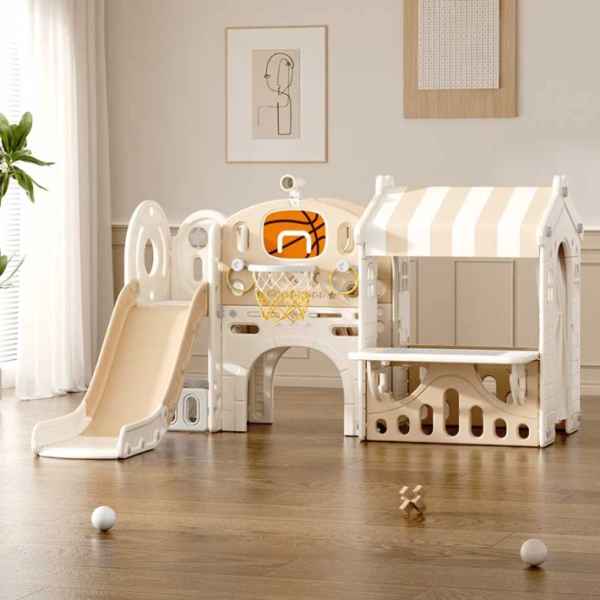 Детски център с пързалка, къща и баскетболен кош Feelkids, кафяв-MDNgT.jpeg