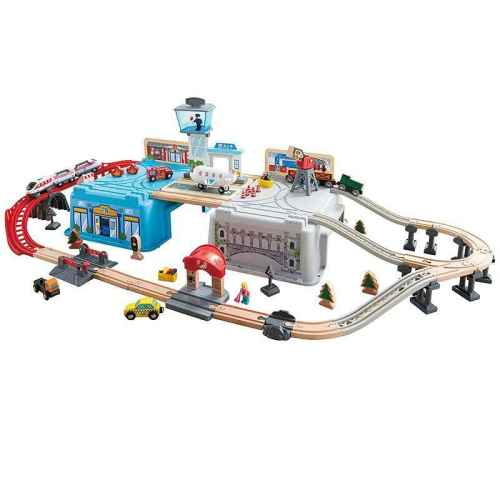 Комплект дървен влак в кутия Hape, Мегаполис, 80 части