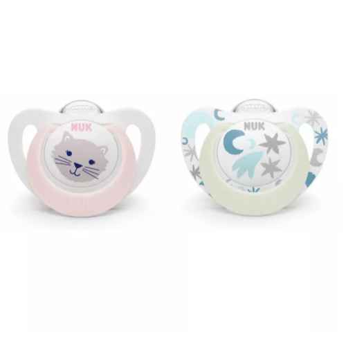 Силиконова залъгалка NUK Star Night, светеща, 0-6м, момиче, 2бр