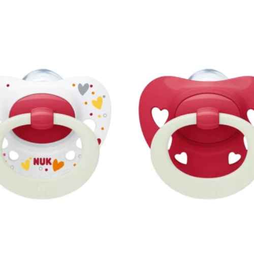 Силиконова залъгалка NUK Signature Night, 0-6м, червена, 2бр