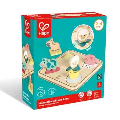 Дървен звуков пъзел Hape, Животни, 6 части