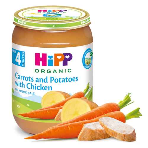 Бебешко био пюре Hipp, Моркови и картофи с пиле 4м 190 гр.