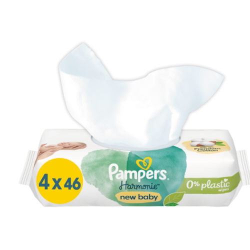 Влажни кърпички Pampers Harmonie New baby, 0% plastic, 4 x 46 бр.