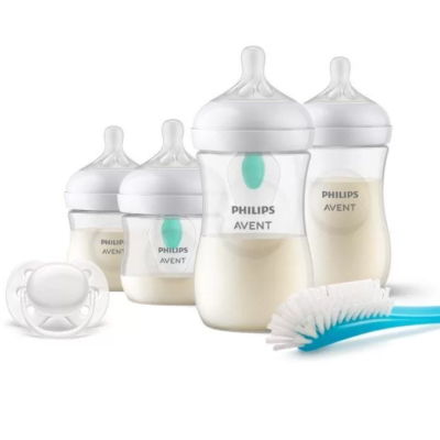 Комплект за новородено Philips AVENT с 4 шишета за хранене Natural Response, 0м+, 1м+, с биберони без протичане, клапа AirFree, залъгалка Ultra Soft и четка за почистване