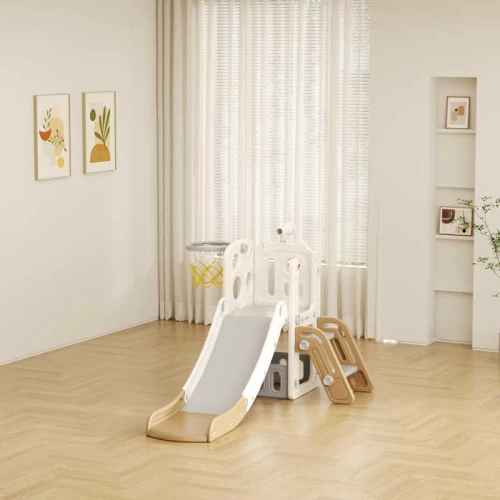 Детска пързалка с телескоп и баскетболен кош Feelkids, Кафява