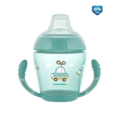Нетечаща чаша с дръжки и мек накрайник Canpol Happy Vehicles 9м+ 230 мл, тюркоаз