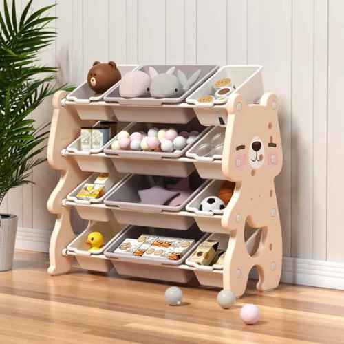 Детски органайзер Feelkids, Розово мече за играчки на 4 нива и 12 подвижни кутии