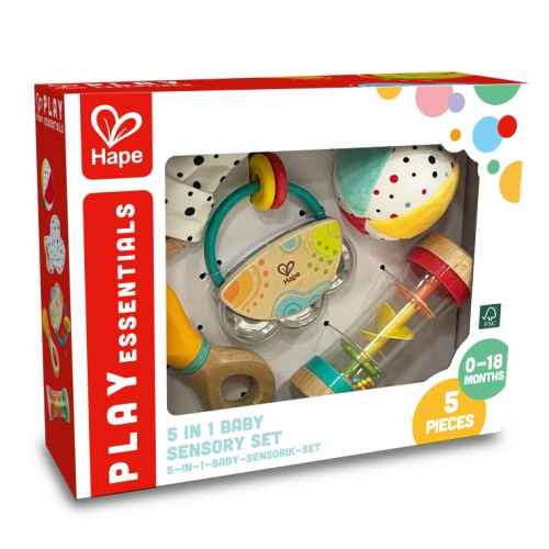 Комплект бебешки играчки Hape, 5 в 1 сензорни играчки