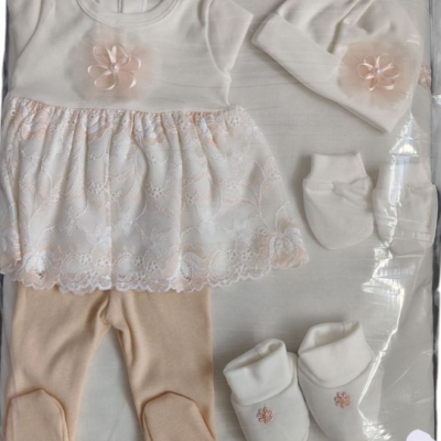 Комплект за изписване Светли, Дантела с цвете в бял/бежов