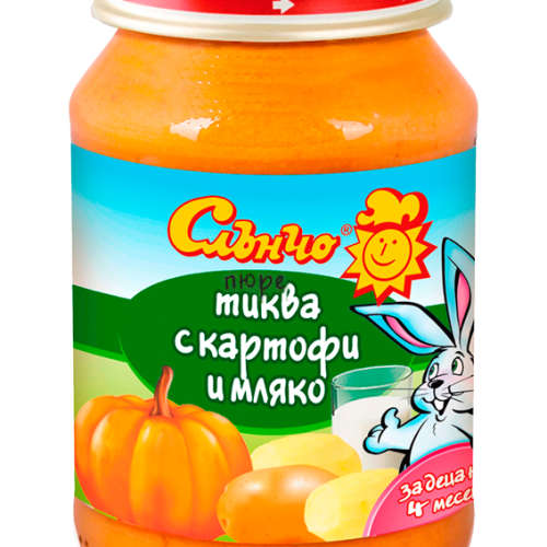 Бебешко пюре Слънчо, тиква и картоф с мляко 4м 190 гр.