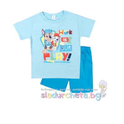 Комплект от 2 части Светли - тениска и къс панталон, Пес Патрул синьо/тюркоаз