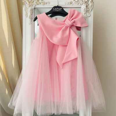 Детска рокля Контраст, розова с панделка