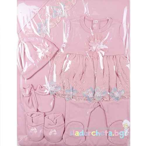 Комплект за изписване Светли, Цветна дантела с панделка в пепел от рози