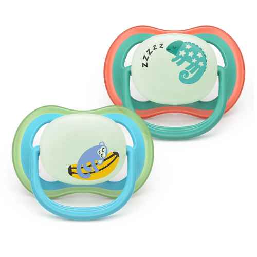 2 бр. Залъгалки Philips Avent Ultra Air Night 6-18м хамелеон и маймунка, сини