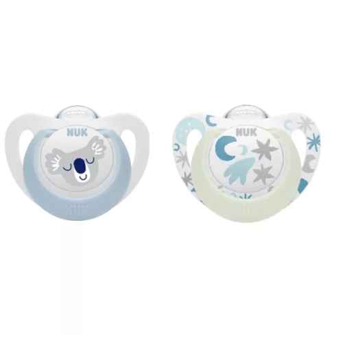 Силиконова залъгалка NUK Star Night, светеща, 0-6м, момче, 2бр