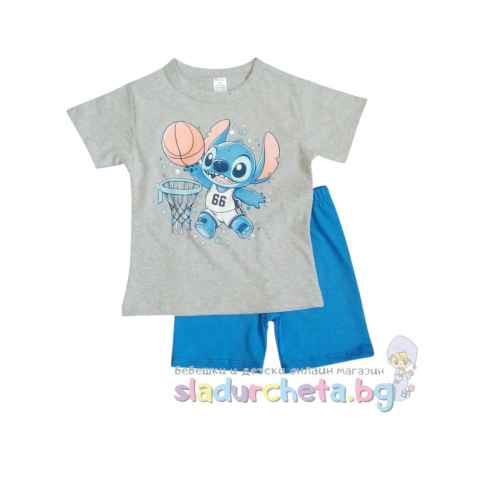 Комплект от 2 части Светли - тениска и къс панталон, Стич сиво/синьо