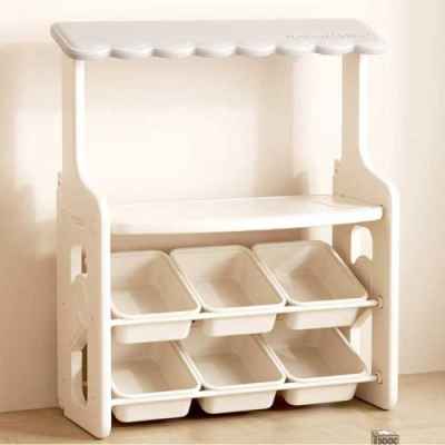 Многофункционален детски щанд Feelkids, с плот и подвижни кутии за съхранение, сив