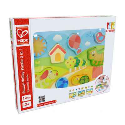 Дървен пъзел 3 в 1 Hape, Слънчевата долина, 12 части