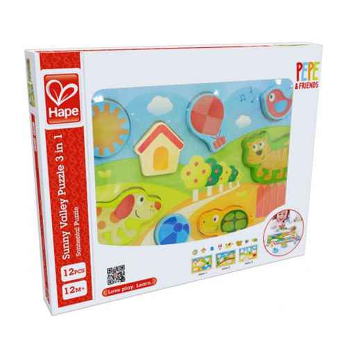 Дървен пъзел 3 в 1 Hape, Слънчевата долина, 12 части