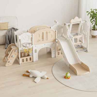 Детски приключенски център 11в1 с пързалка, катерушка, люлка и баскет кош Feelkids, кафяв