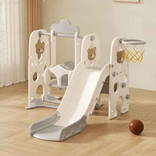 Детска пластмасова пързалка с люлка и баскетболен кош Feelkids, Сиво мече