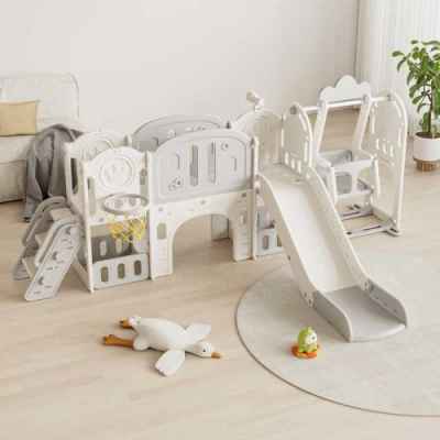 Детски приключенски център 11в1 с пързалка, катерушка, люлка и баскет кош Feelkids, сив