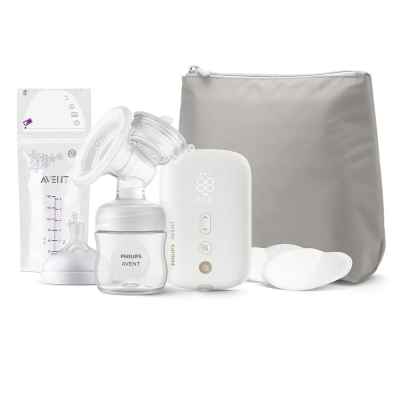 Комплект Philips Avent, ел. помпа, шише 125 мл с биберон, несесер, торбички за кърма и 4 бр. подплънки