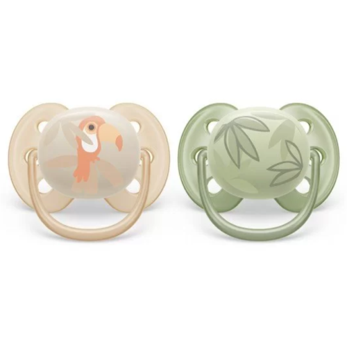 Ортодонтични залъгалки Philips AVENT Ultra Soft 0-6, синя с декорация Тукан и Листа в кутия за стерилизиране, 2 бр.