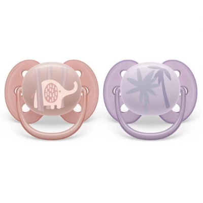 Ортодонтични залъгалки Philips AVENT Ultra Soft 0-6, с декорация Слонче и Палми в кутия за стерилизиране, 2 бр.