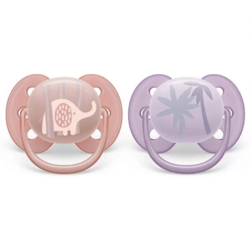 Ортодонтични залъгалки Philips AVENT Ultra Soft 0-6, с декорация Слонче и Палми в кутия за стерилизиране, 2 бр.