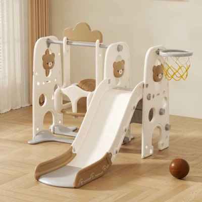 Детска пластмасова пързалка с люлка и баскетболен кош Feelkids, Кафяво мече