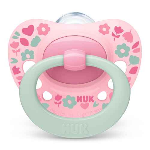 Биберон залъгалка NUK Signature 6-18м с кутийка, розова с картинки
