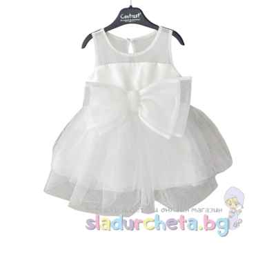 Детска рокля Контраст, бяла с панделка