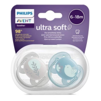 Ортодонтични залъгалки Philips AVENT Ultra Soft 6-18, сини с декорация Пиле и Перо в кутия за стерилизиране, 2 бр.-viRDb.png